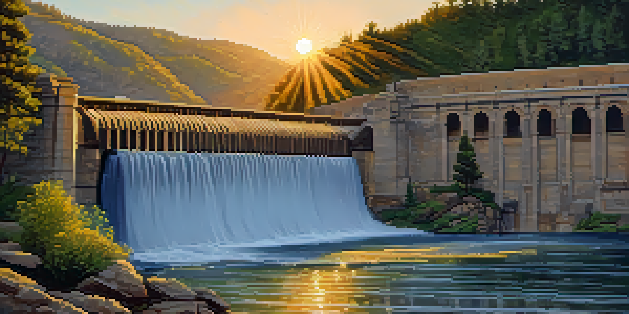 A scenic view of the Old Bear Valley Dam at sunset, with green trees and wildflowers in the foreground.