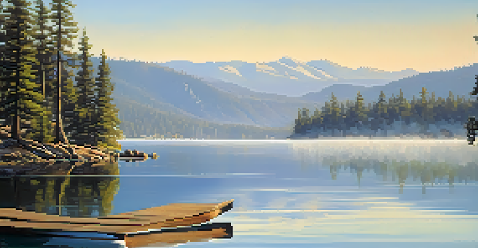A peaceful morning at Big Bear Lake with a fishing rod on a dock, surrounded by mountains and pine trees.