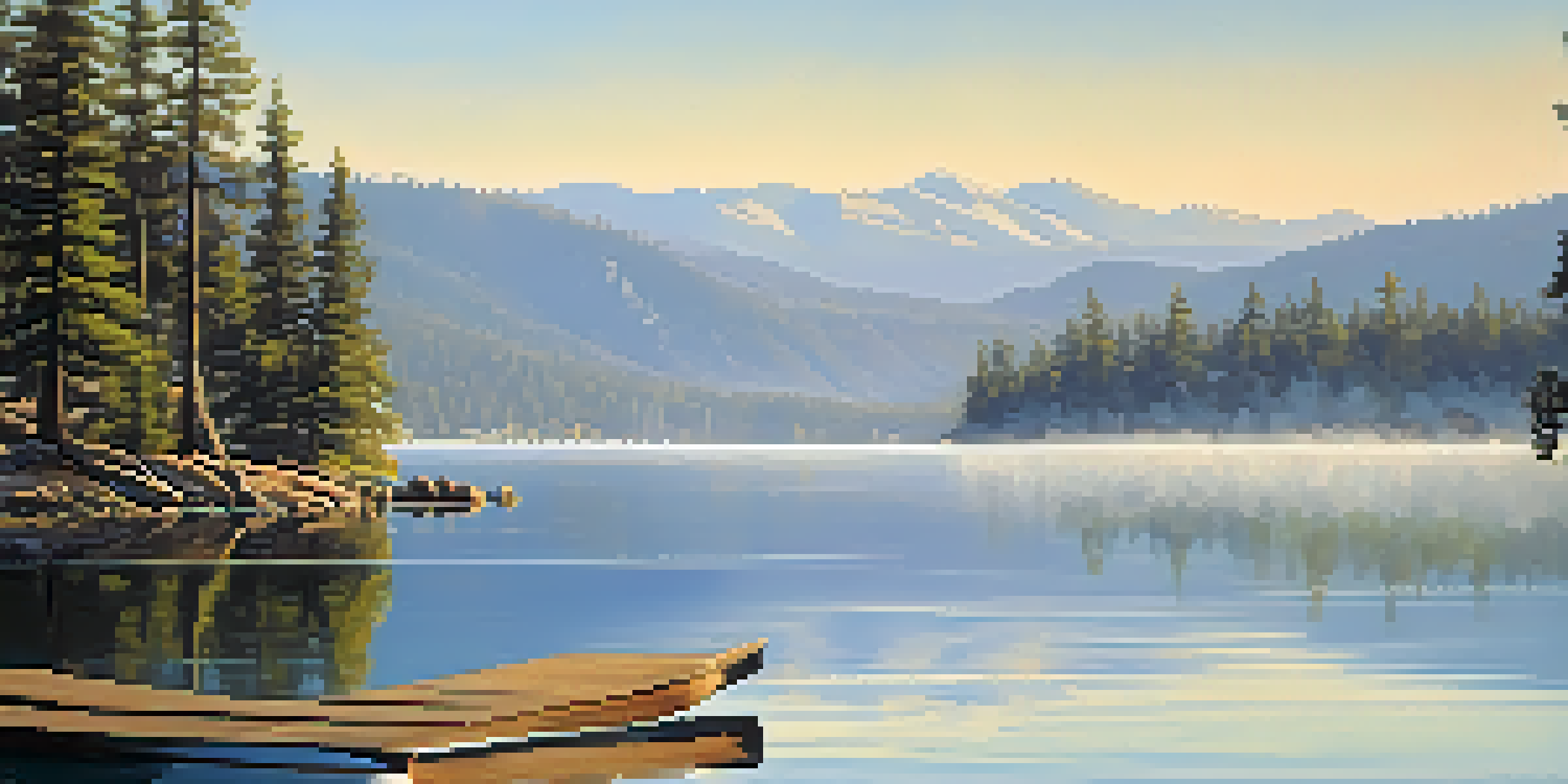 A peaceful morning at Big Bear Lake with a fishing rod on a dock, surrounded by mountains and pine trees.