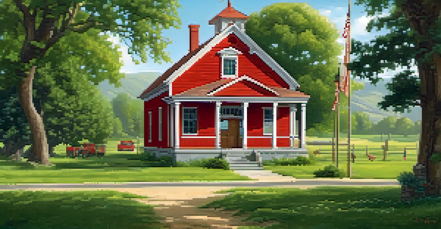 The Old Bear Valley Schoolhouse surrounded by greenery, featuring a wooden structure and children playing nearby.