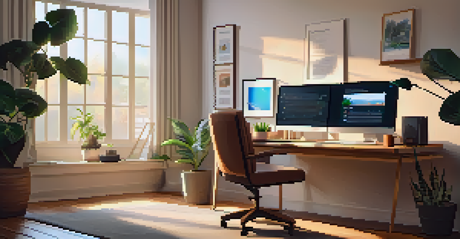 A cozy home office with a computer showing an online learning platform, an open notebook, and a cup of coffee.