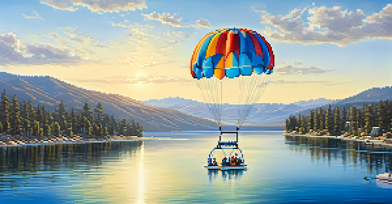 A person parasailing above a lake with mountains in the background and a colorful parachute.