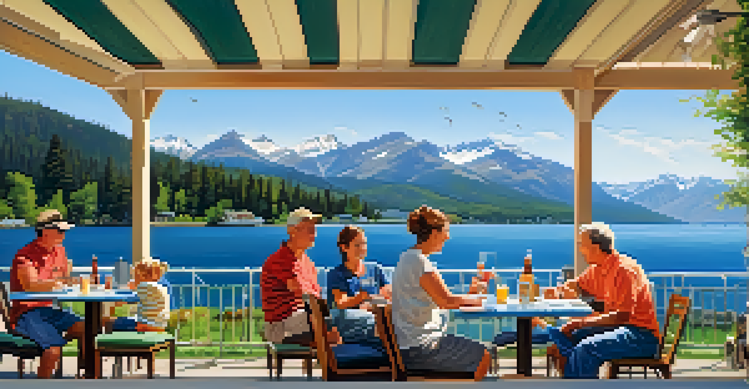 Families dining outdoors at a restaurant with a view of the lake and mountains in the background.