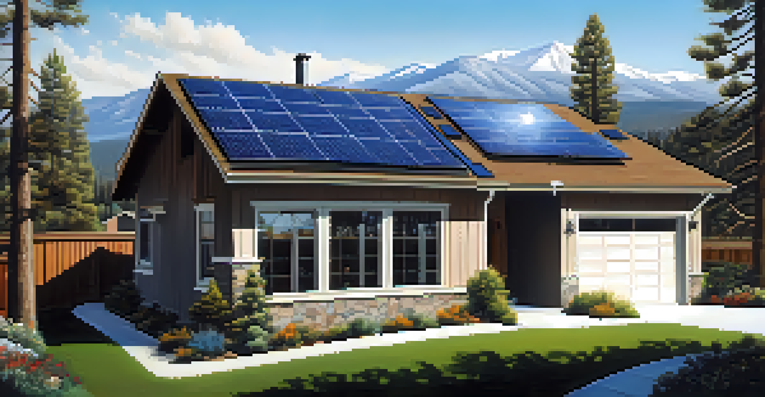 A solar energy system on a home in Big Bear, with solar panels and a mountainous background.