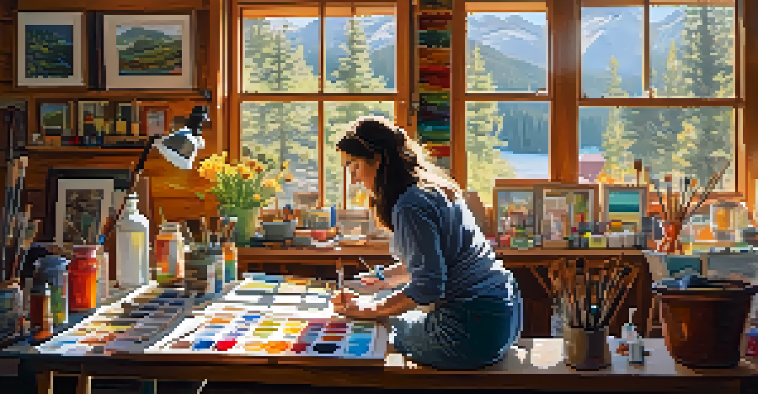 An art studio in Big Bear with a beginner artist painting at a table, surrounded by art supplies and colorful artworks.