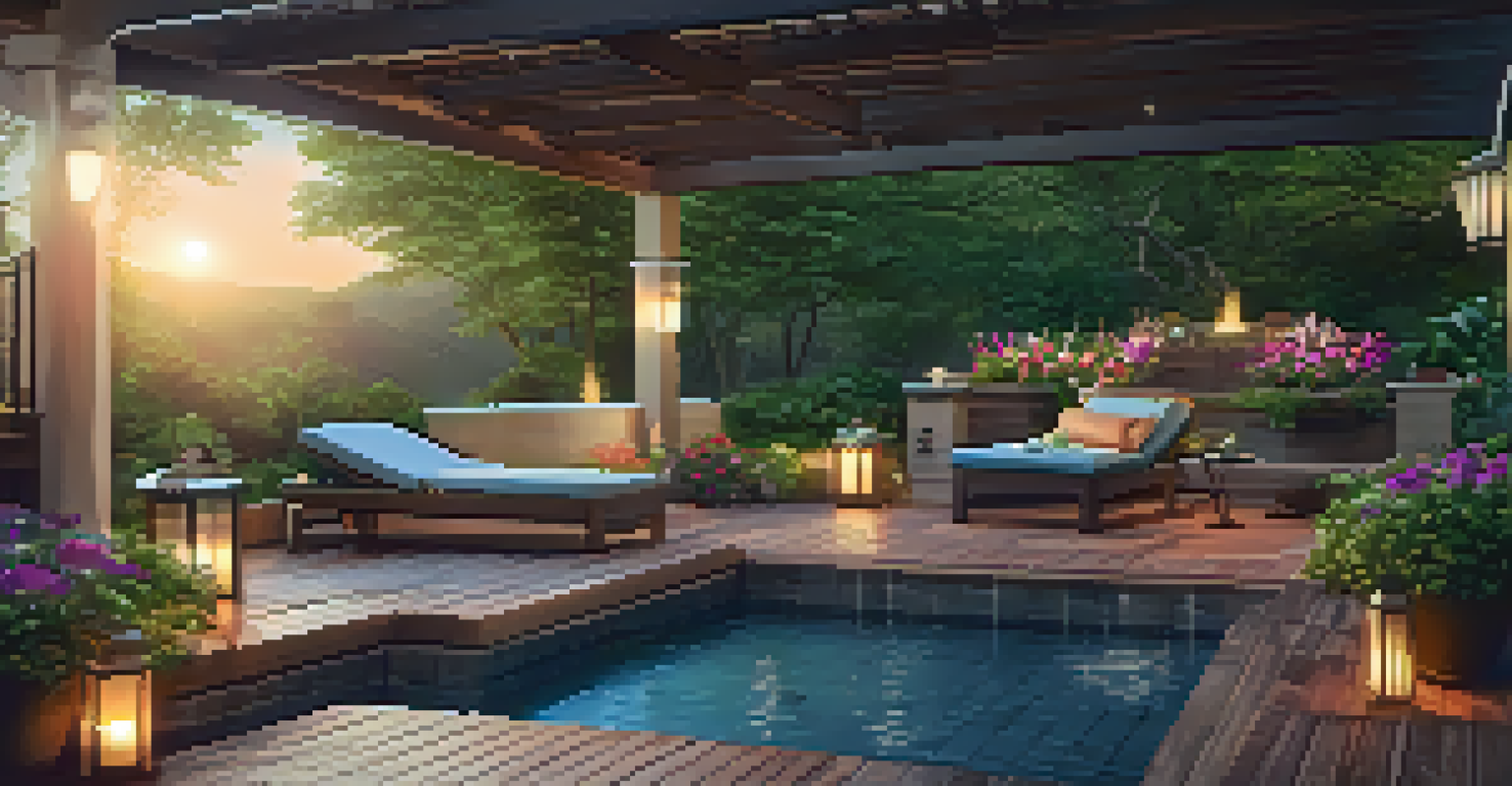 An outdoor spa area featuring a hot tub surrounded by lush greenery, colorful flowers, and comfortable lounge chairs, illuminated by soft lighting at sunset.