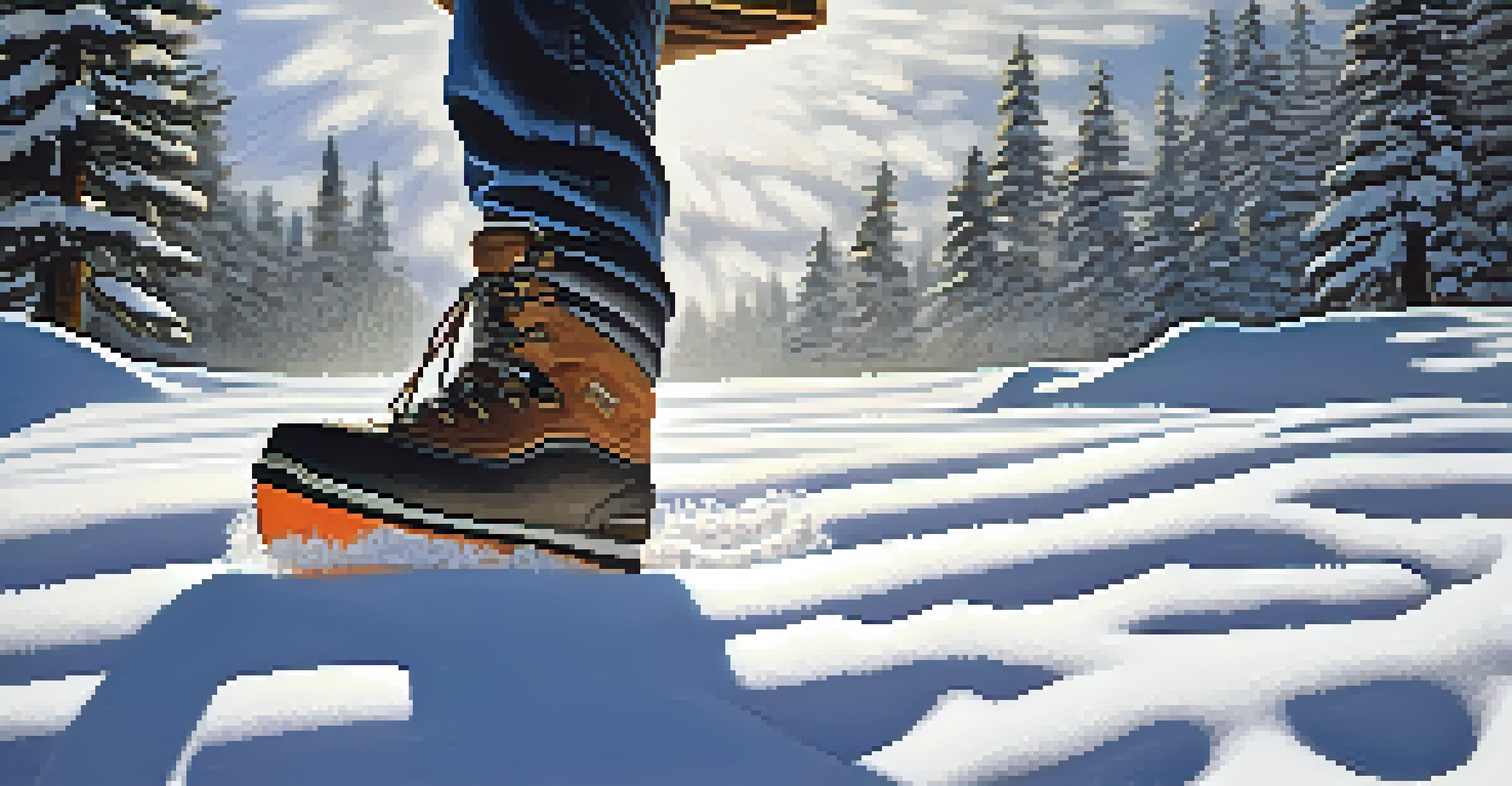 A close-up of snowshoes on a snowy trail, with sparkling snowflakes in the sunlight and trees in the background.