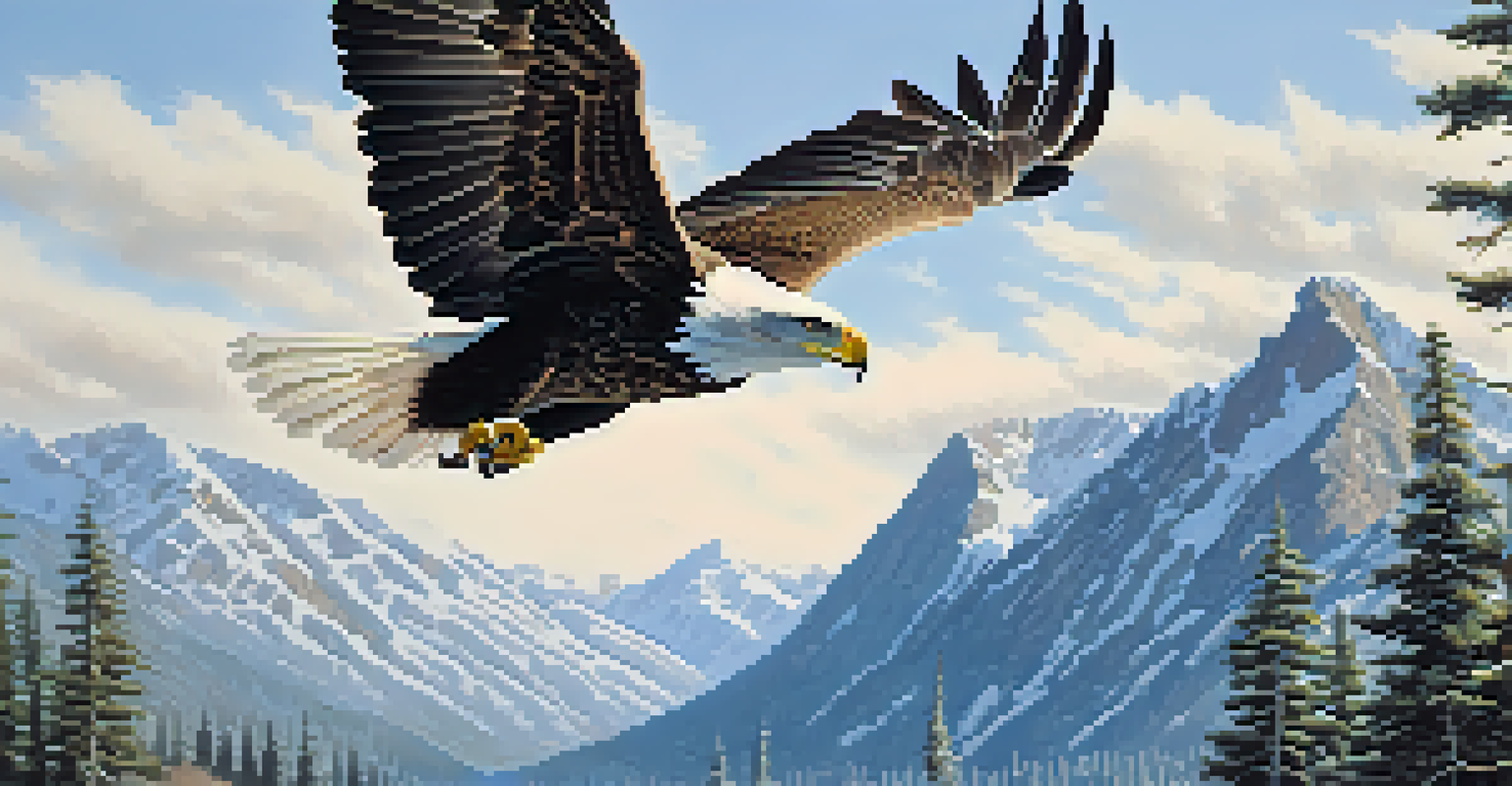 An eagle soaring in mid-flight against a blue sky with a mountainous landscape below.