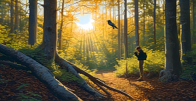 A peaceful forest setting with a birder using binoculars to observe a colorful songbird on a branch, illuminated by warm golden sunlight.
