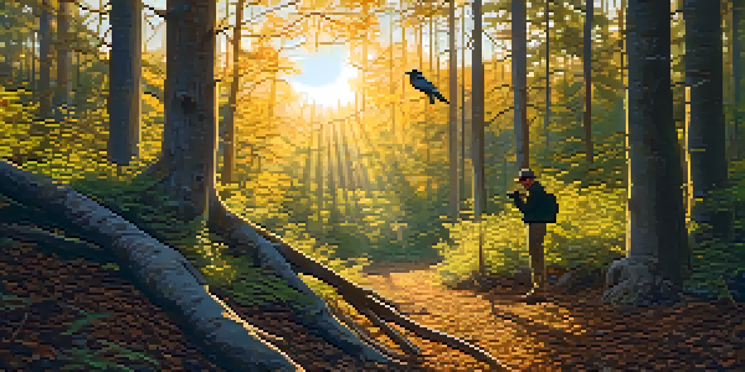 A peaceful forest setting with a birder using binoculars to observe a colorful songbird on a branch, illuminated by warm golden sunlight.