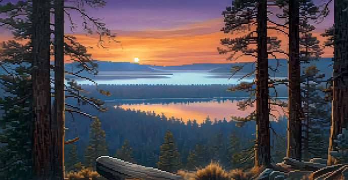 A scenic view of Big Bear Valley at twilight, featuring misty pine trees and a calm lake, with a wooden signpost in the foreground.