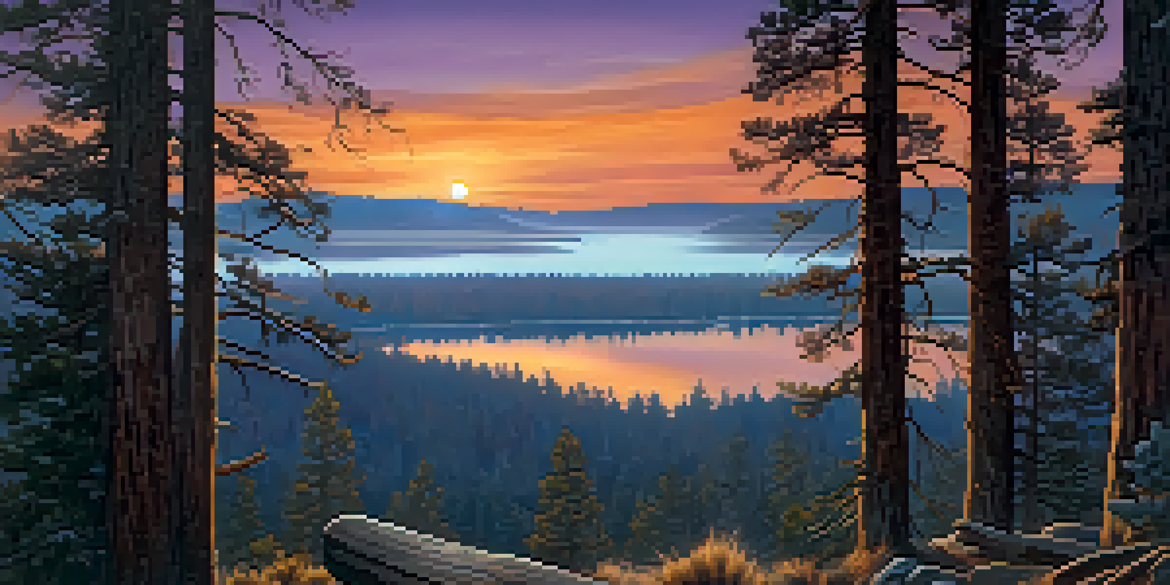 A scenic view of Big Bear Valley at twilight, featuring misty pine trees and a calm lake, with a wooden signpost in the foreground.