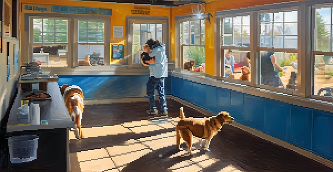 A volunteer playing with a happy dog inside a bright and welcoming animal shelter in Big Bear.