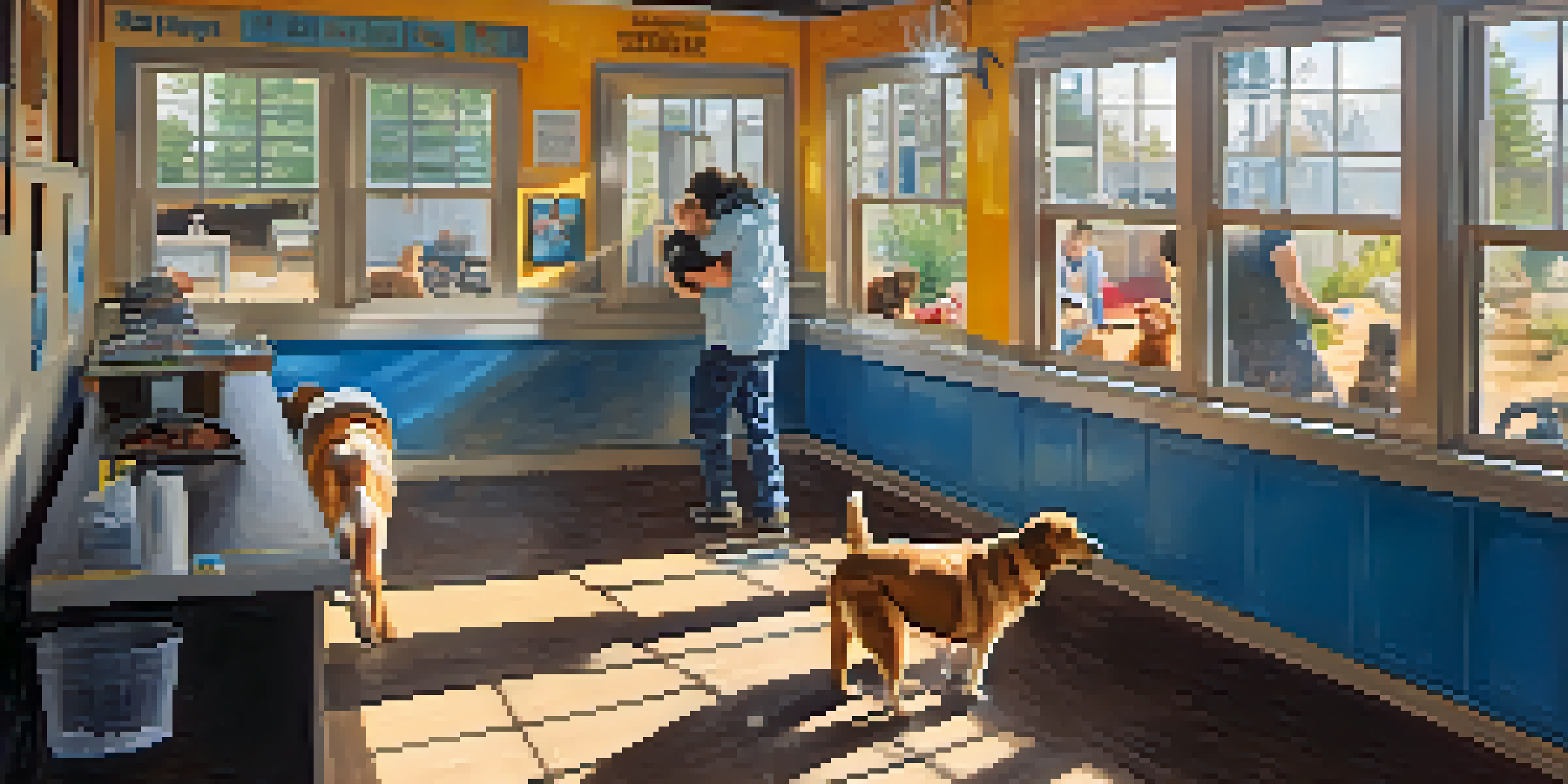 A volunteer playing with a happy dog inside a bright and welcoming animal shelter in Big Bear.
