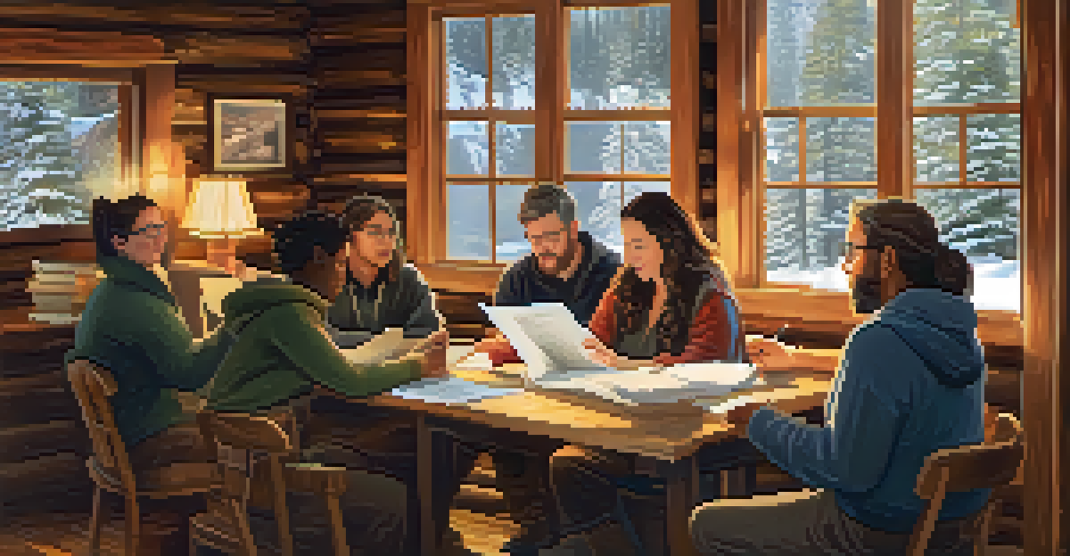 A cozy cabin interior with writers sharing feedback around a wooden table, illuminated by warm fireplace light.