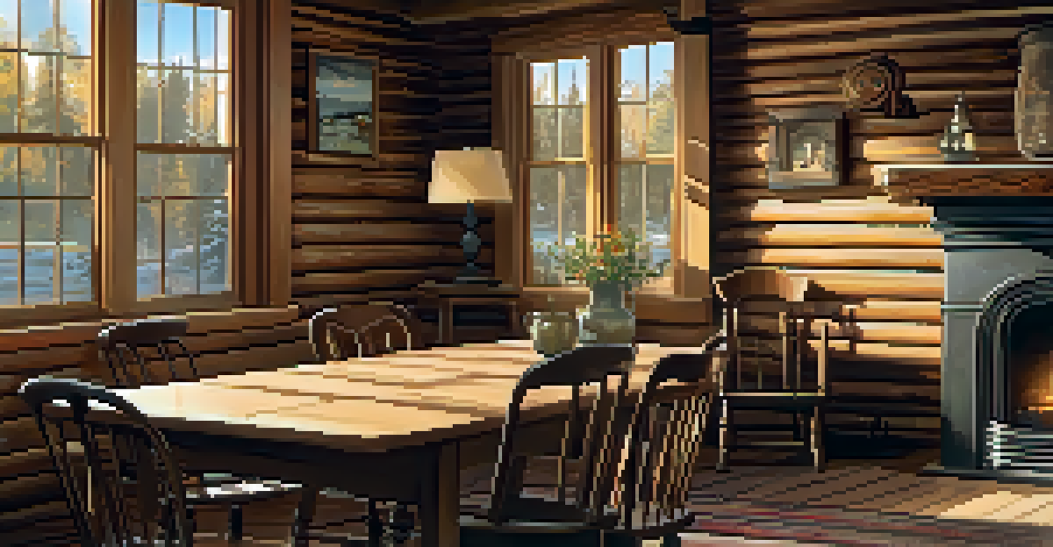 The interior of a historic log cabin museum showcasing period furnishings and a cozy atmosphere.