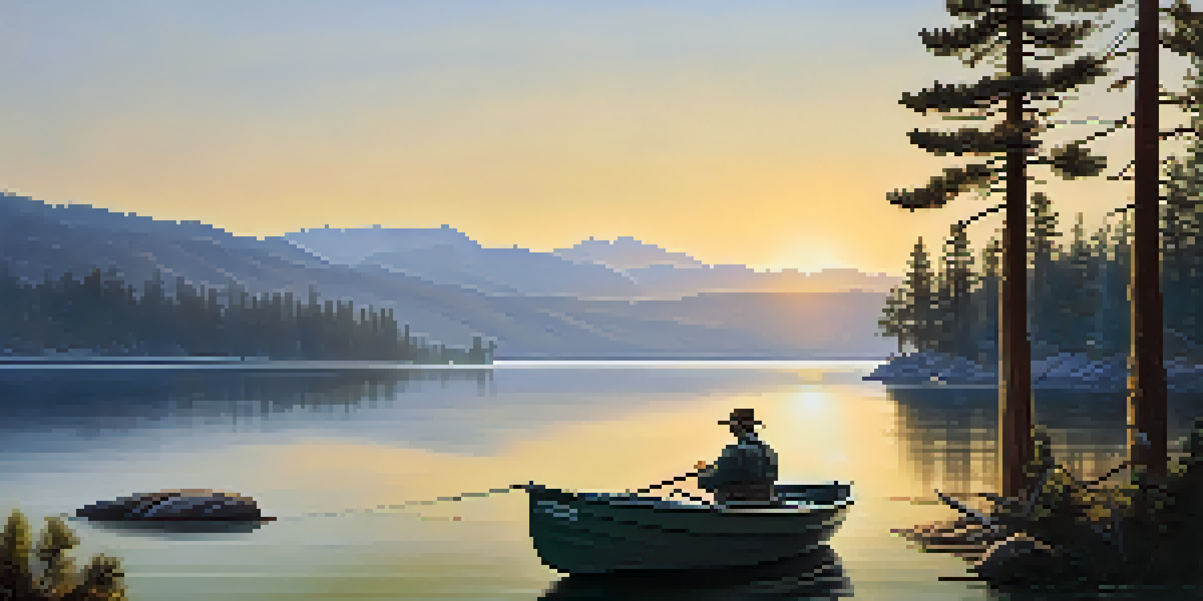 A peaceful sunrise over Big Bear Lake, with a fisherman in a boat surrounded by nature.