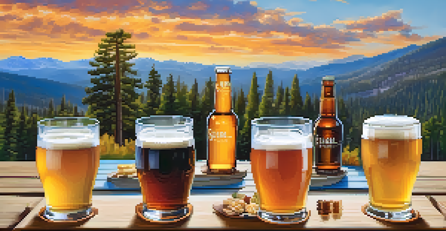 A selection of craft beers in a tasting flight with paired snacks, set against a picturesque mountain landscape.