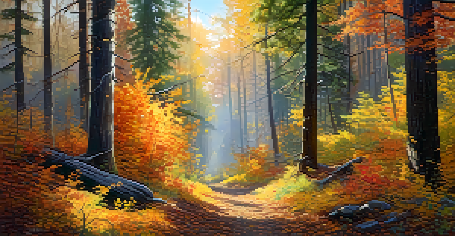 A flock of migrating birds flying over a colorful autumn forest with sunlight filtering through the trees.