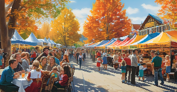Families celebrating at the Big Bear Oktoberfest with colorful decorations, food stalls, and children playing games amidst autumn leaves.
