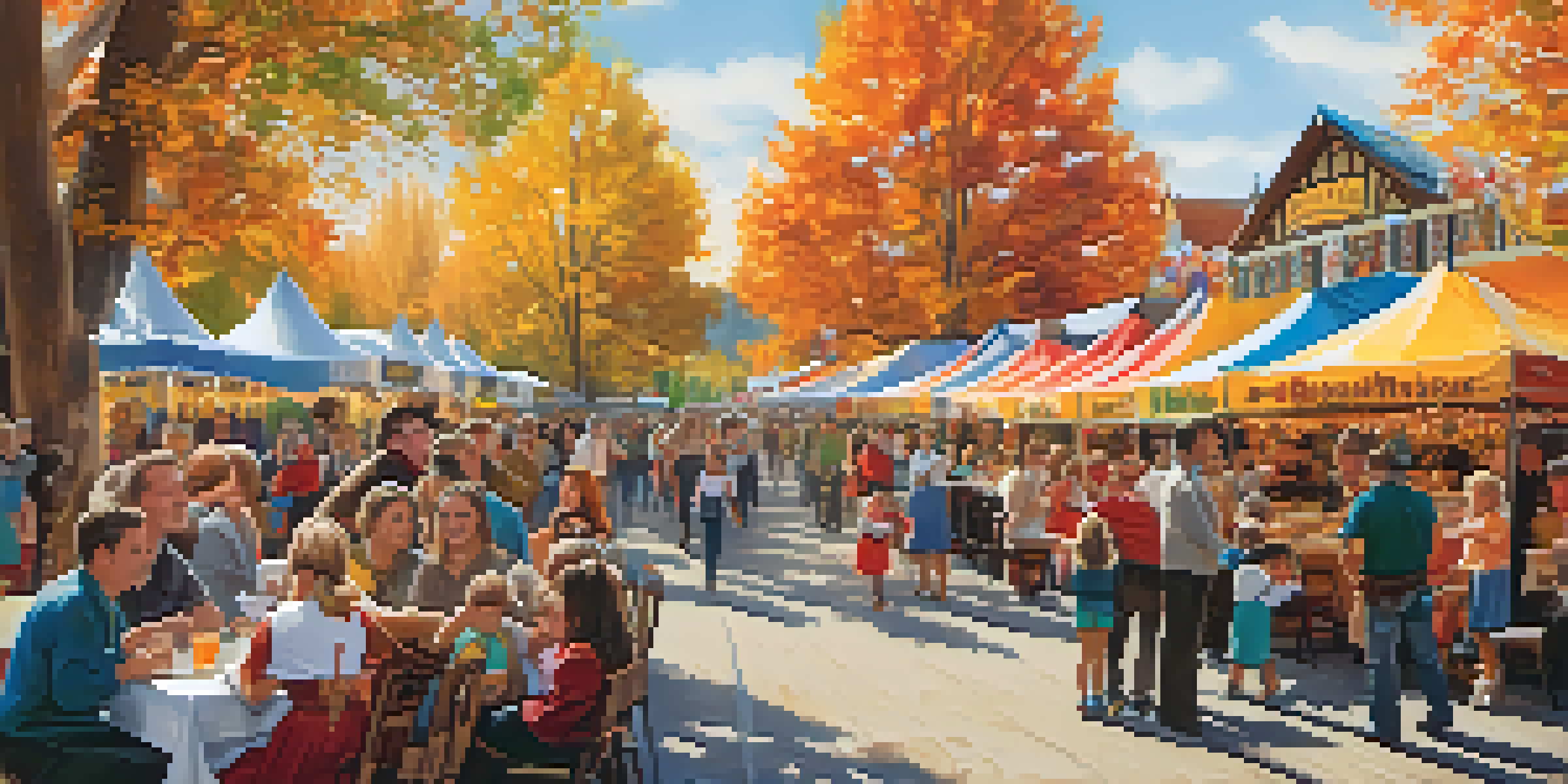Families celebrating at the Big Bear Oktoberfest with colorful decorations, food stalls, and children playing games amidst autumn leaves.