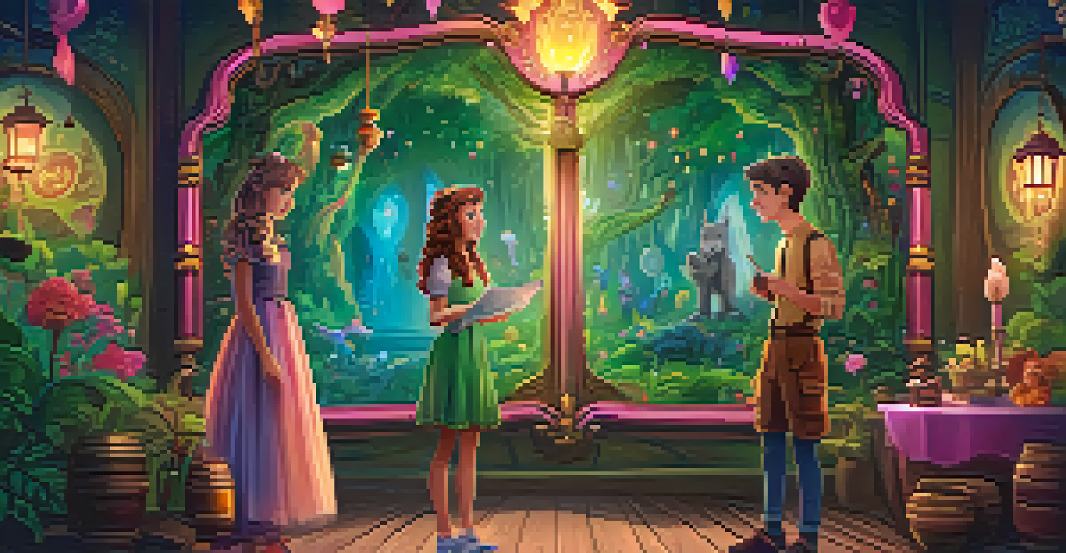 A couple exploring a colorful fairy tale-themed escape room, engaged in discussion in front of an enchanted mirror surrounded by magical decor.
