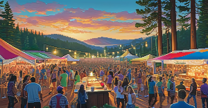 A lively outdoor music festival in Big Bear with diverse attendees, colorful lights, and food trucks amidst lush trees at sunset.