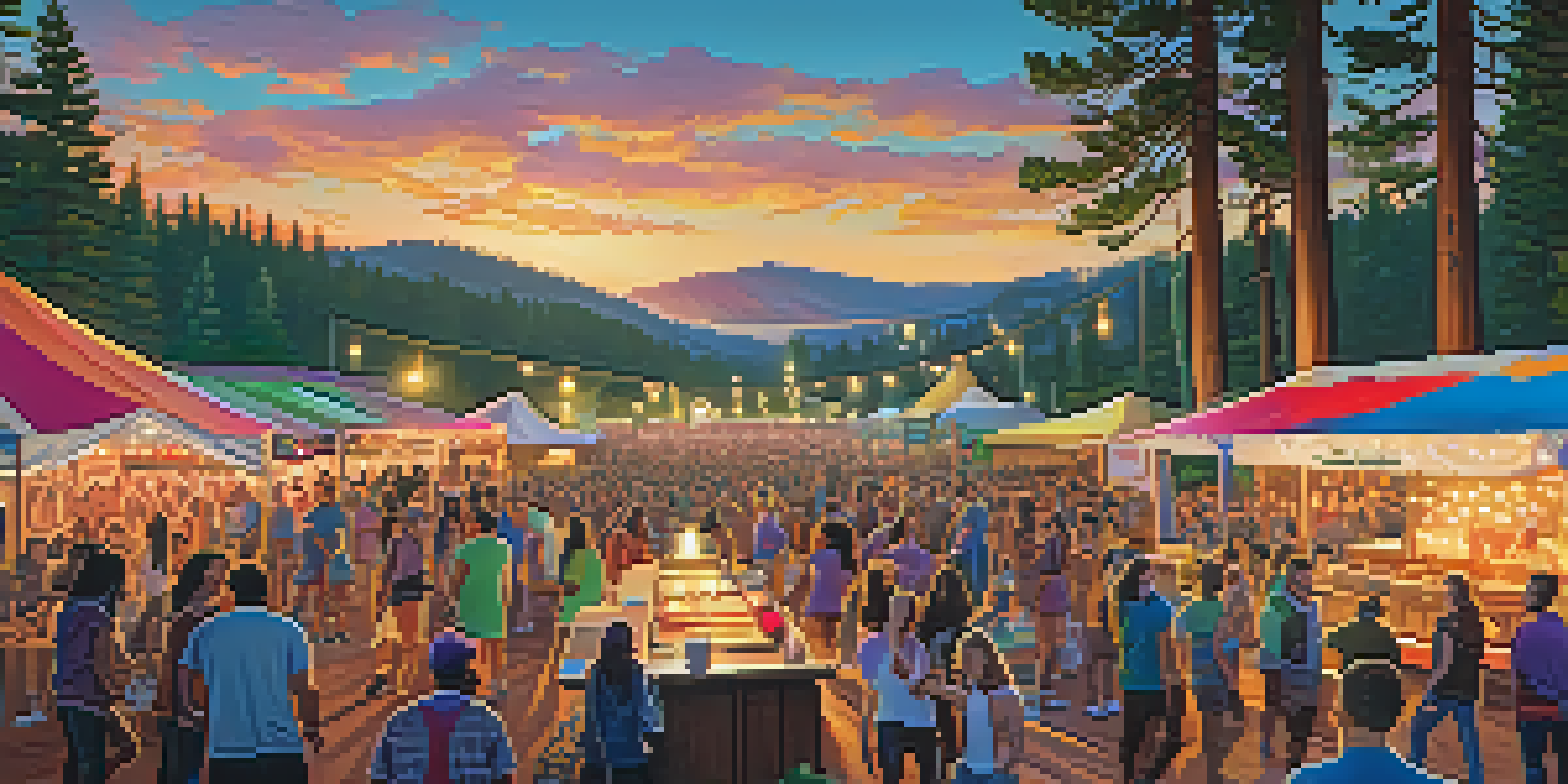 A lively outdoor music festival in Big Bear with diverse attendees, colorful lights, and food trucks amidst lush trees at sunset.