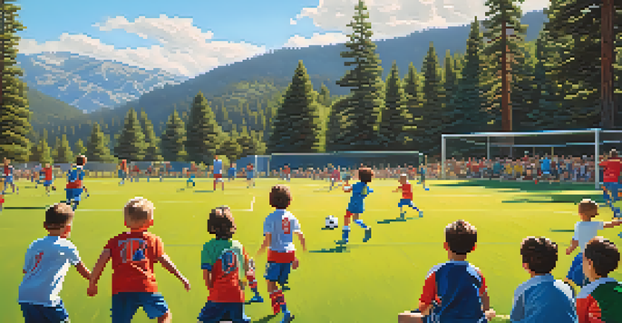 Children playing soccer on a sunny day in a green field surrounded by trees, with parents cheering in the background.