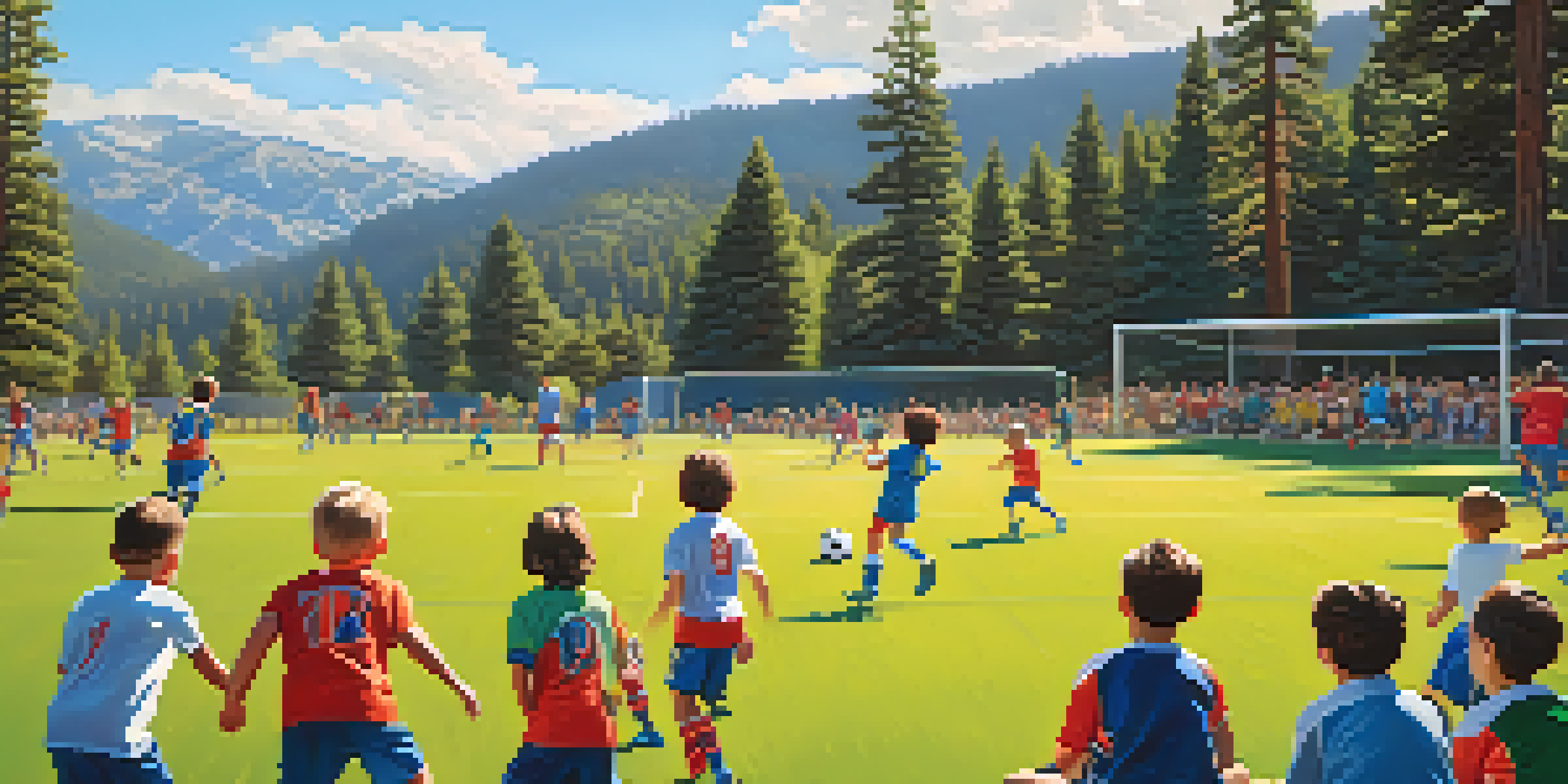 Children playing soccer on a sunny day in a green field surrounded by trees, with parents cheering in the background.