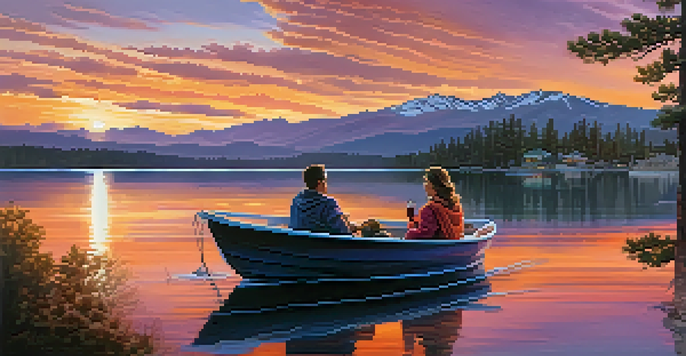 A couple on a boat at sunset, wrapped in a blanket with glasses of wine, against a colorful sky over Big Bear Lake.