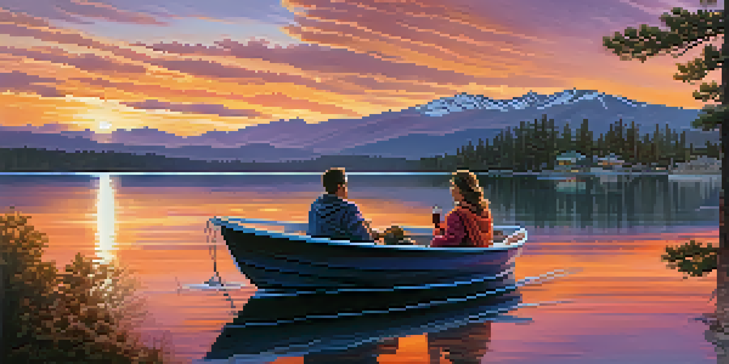 A couple on a boat at sunset, wrapped in a blanket with glasses of wine, against a colorful sky over Big Bear Lake.