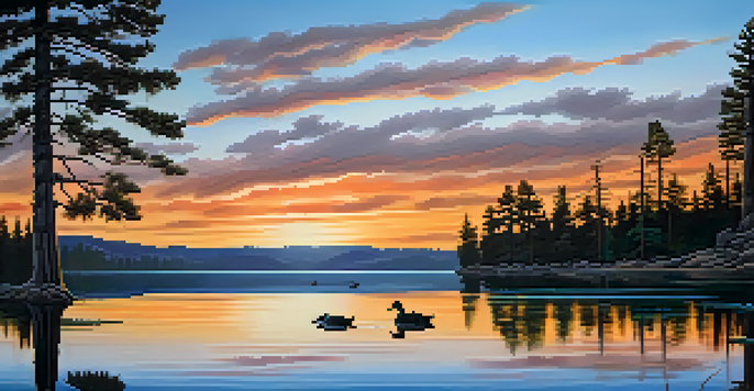 A peaceful sunset view over Big Bear Lake, with colorful sky reflections and ducks swimming in the water.