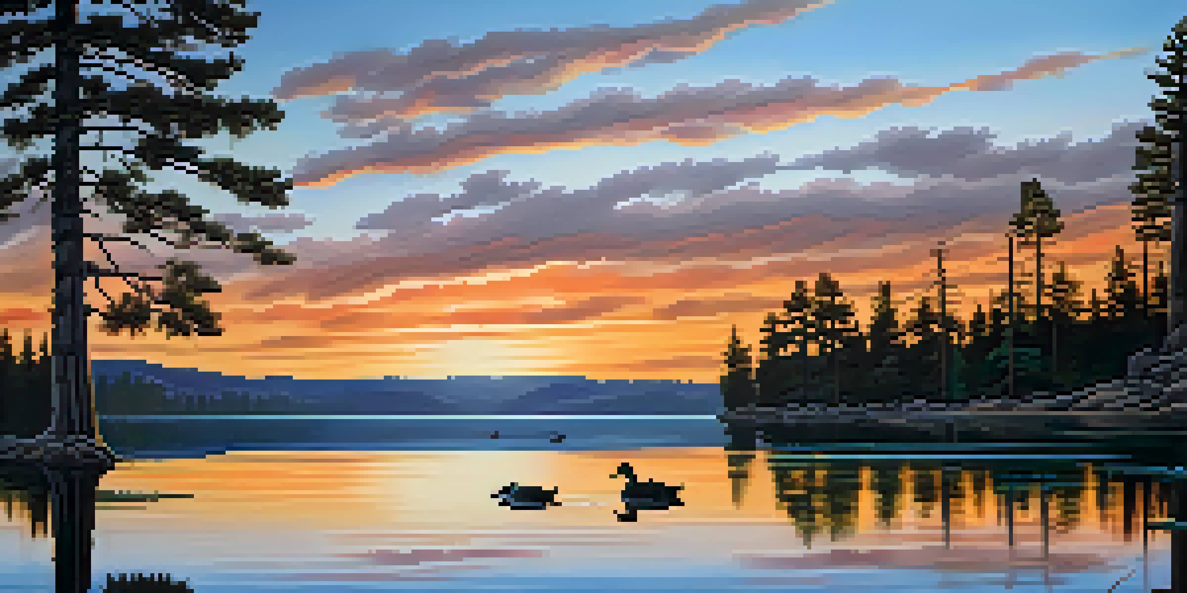 A peaceful sunset view over Big Bear Lake, with colorful sky reflections and ducks swimming in the water.