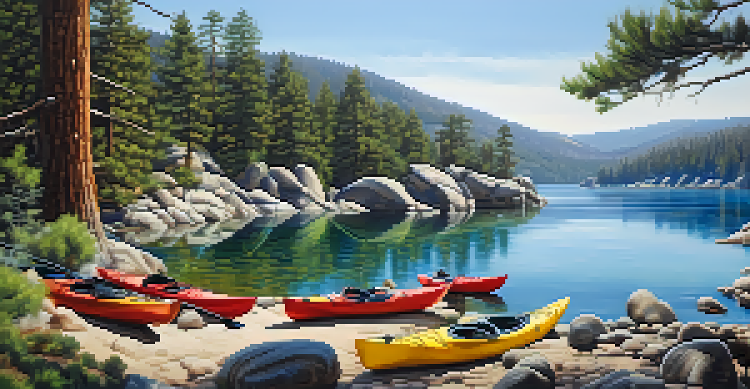 Boulder Bay at Big Bear Lake with unique rock formations and kayakers in the water.