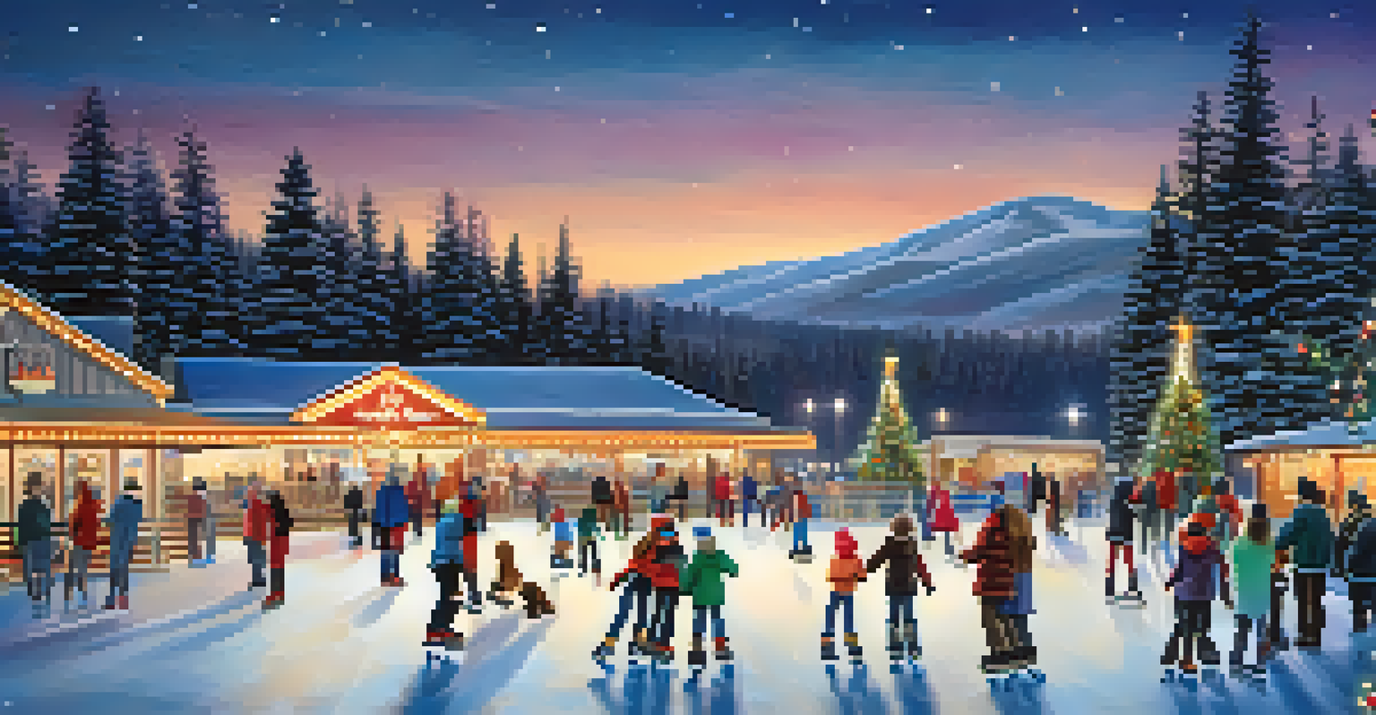 Families ice skating at the Big Bear Ice Rink in the evening, surrounded by holiday lights and decorations.