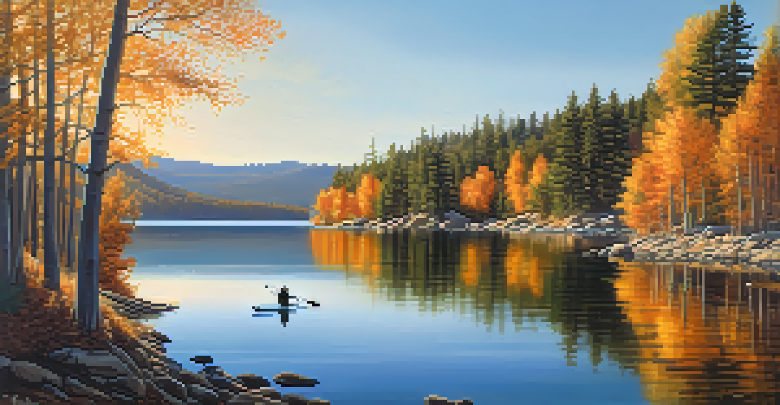 A peaceful autumn landscape of Big Bear Lake with a paddleboarder, surrounded by trees in fall colors and a sunset glow.
