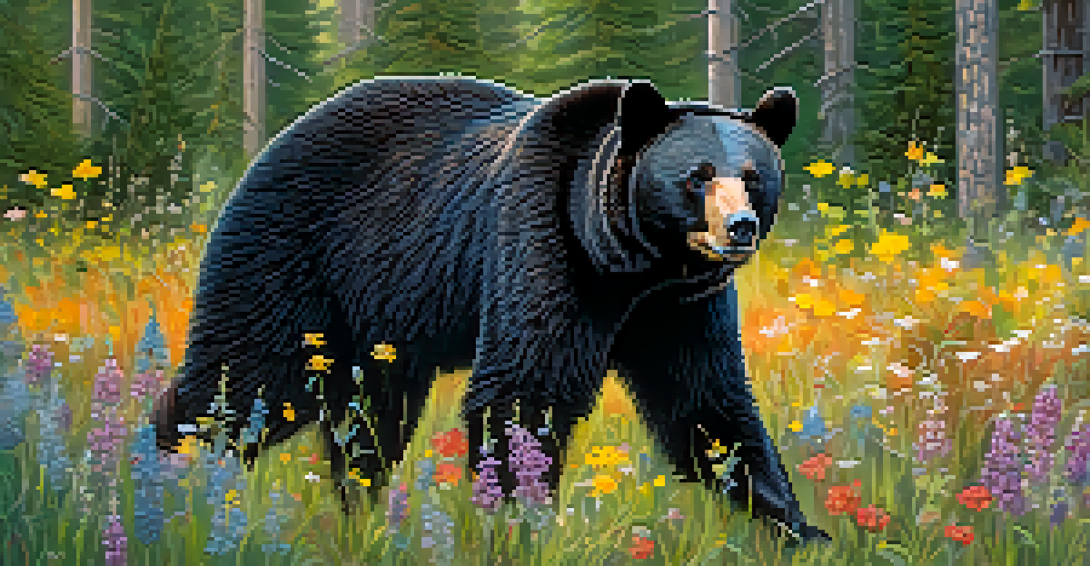 A close-up of a black bear foraging among colorful wildflowers in Big Bear, with soft morning light illuminating its fur.