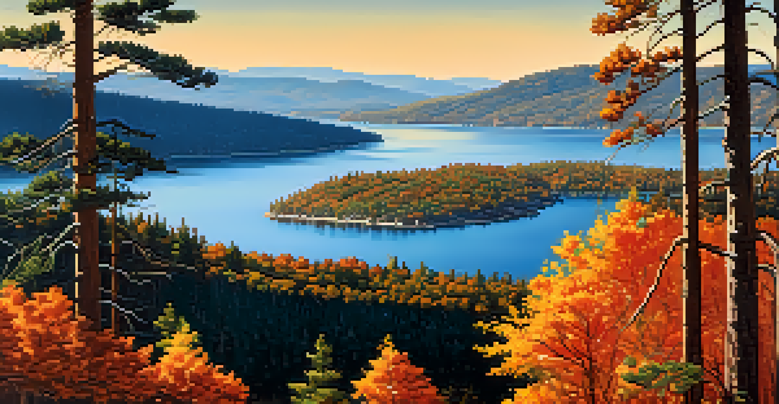 Autumn view of Big Bear Lake with colorful trees and majestic pines, showcasing vibrant fall foliage.