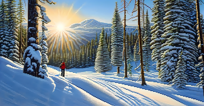 A peaceful snowshoeing trail in a pine forest covered in fresh snow, with sunlight creating patterns on the ground and a lone snowshoer in the distance.