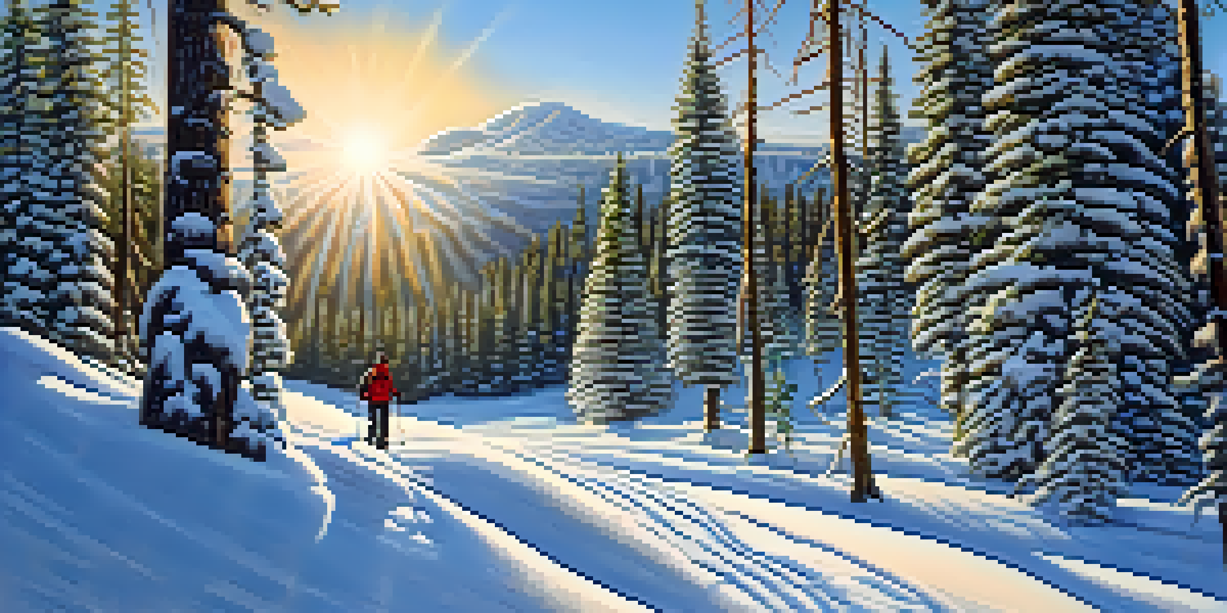 A peaceful snowshoeing trail in a pine forest covered in fresh snow, with sunlight creating patterns on the ground and a lone snowshoer in the distance.