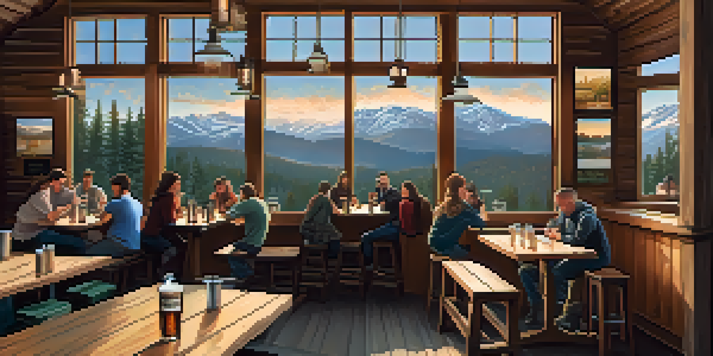A cozy brewery interior with wooden tables and mountain views visible through large windows.