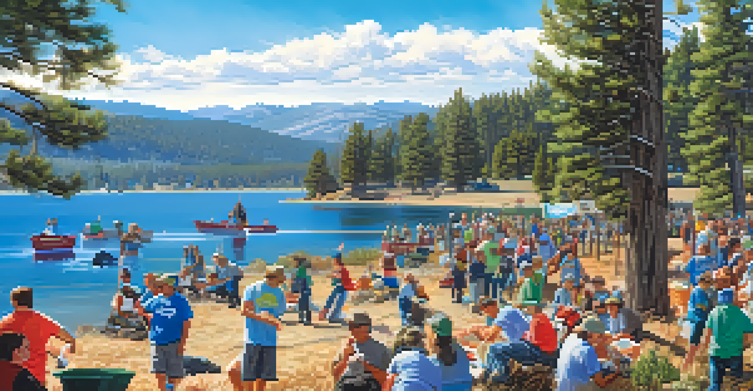 A community clean-up event at Big Bear Lake, with volunteers actively engaged in environmental conservation.