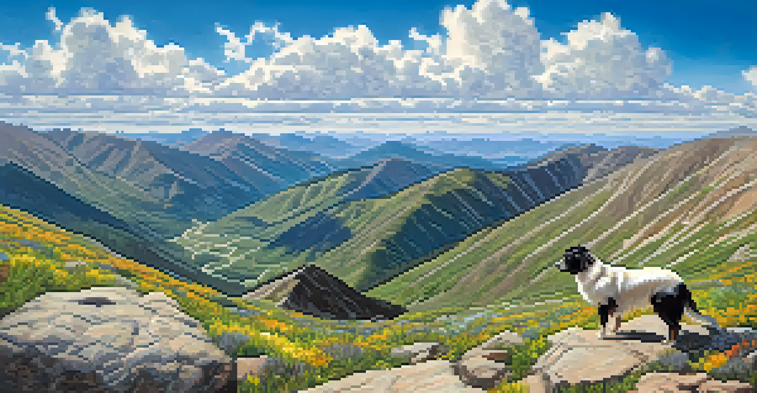A panoramic view from Grays Peak Trail with a dog and hiker resting, overlooking the San Bernardino Mountains.
