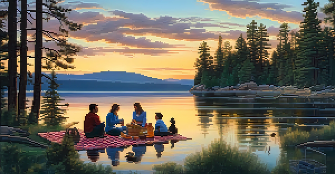 A family enjoying a picnic by Big Bear Lake at sunset, with ducks swimming nearby and a colorful sky reflected in the water.