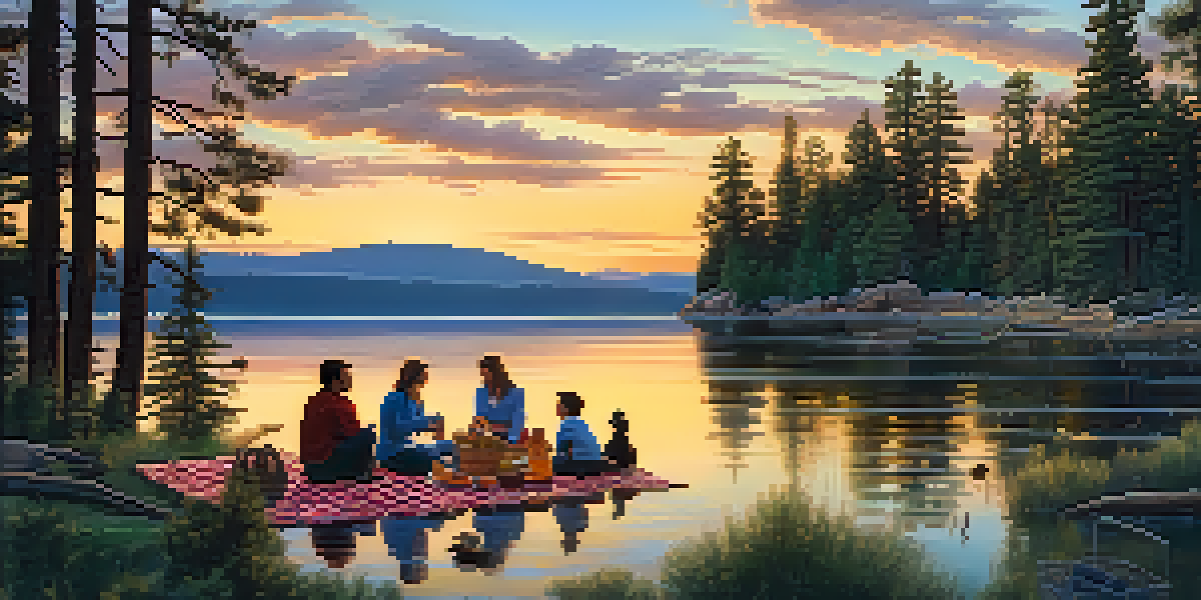 A family enjoying a picnic by Big Bear Lake at sunset, with ducks swimming nearby and a colorful sky reflected in the water.