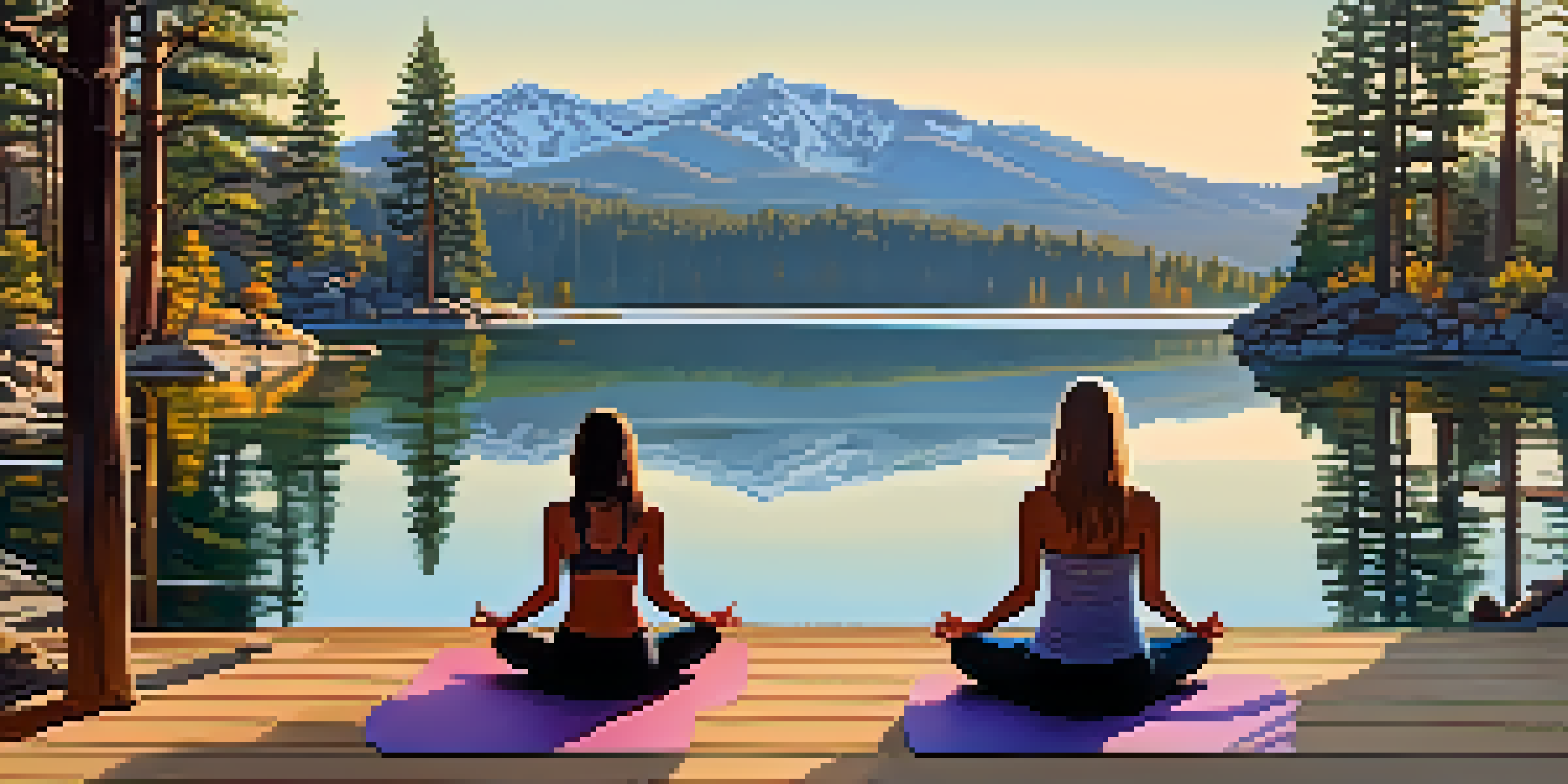 A peaceful yoga retreat scene with people practicing on a deck by a lake surrounded by mountains and trees.