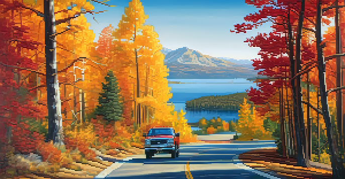 A picturesque view of Big Bear Lake in autumn, with colorful trees and a winding road.
