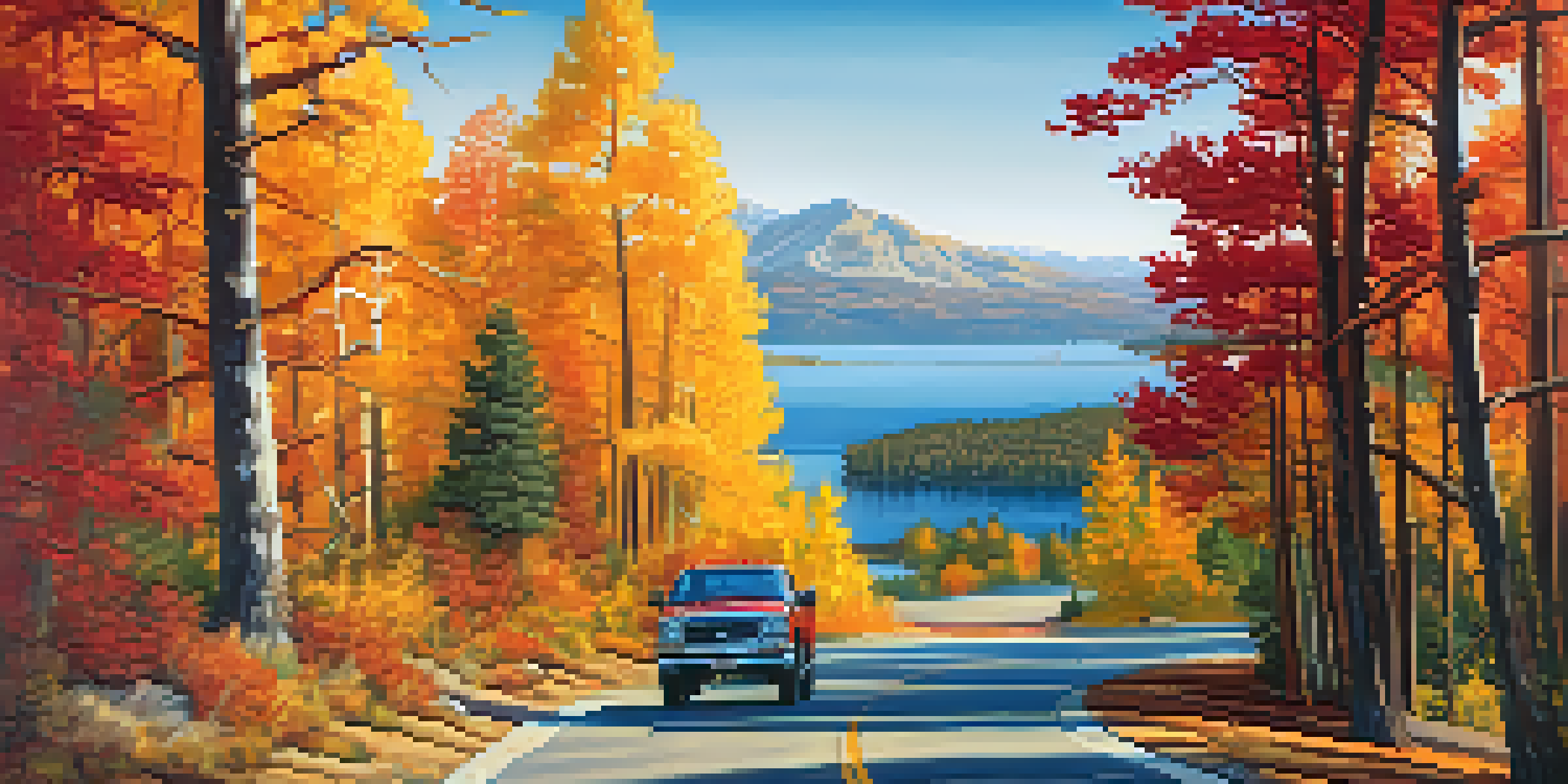 A picturesque view of Big Bear Lake in autumn, with colorful trees and a winding road.
