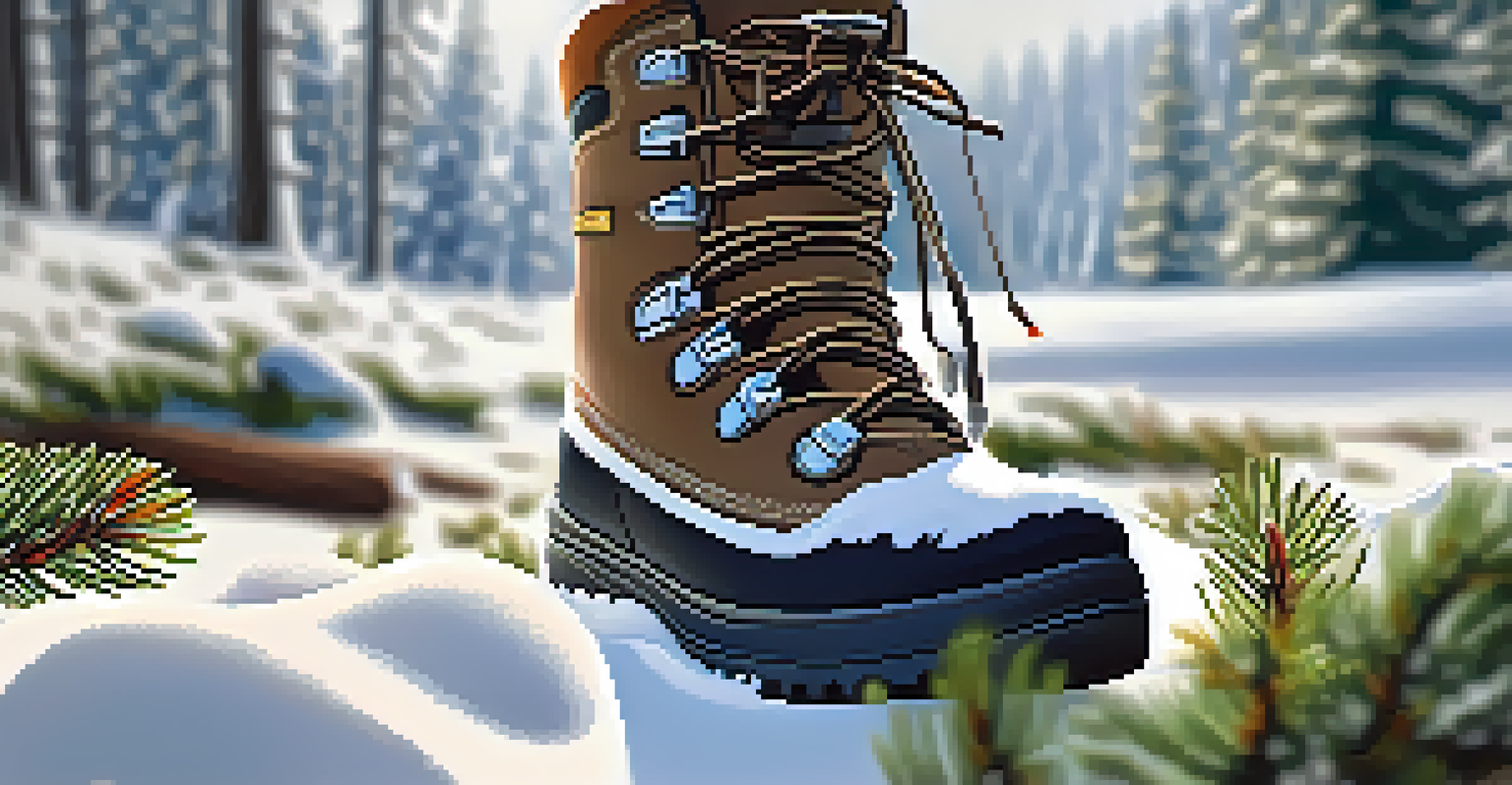 A close-up of hiking boots on a snowy trail, with pine trees blurred in the background.